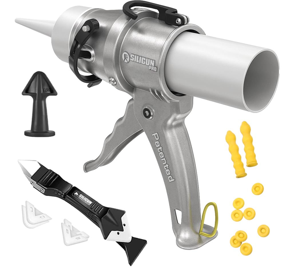 PRO Compact 24:1 Caulking Gun - No Drip Caulk Gun - Patent Design - Lightweight Aluminum Frame - Works with all 10 oz Tubes (SILIGUN PRO Complete Kit)