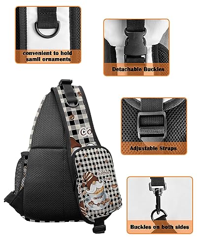 Sling Backpack, COFFEE TIME Gnome and Coffee Cup Black and White Plaid Waterproof Lightweight Small Sling Bag, Travel Chest Bag Crossbody Shoulder Bag Hiking Daypack for Women Men4