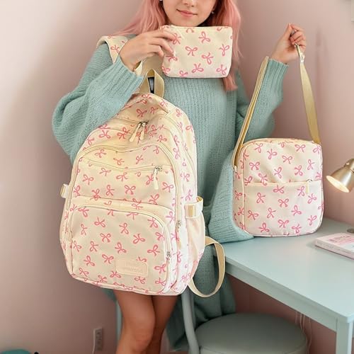 Bow Backpack 3Pcs Set for Girls,Aesthetic Daypack Bow Rucksack,New Cute Kawaii Backpacks Set Large Capacity (White Pink)2