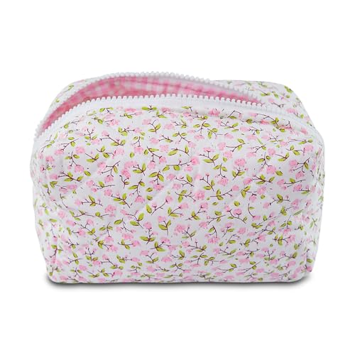 Quilted Makeup Bag Floral Cotton Make up Bag Puffy Coquette Makeup pouch Aesthetic Cute Travel Toiletry Bag for Women Girls