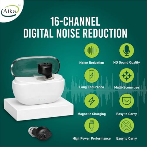 Image of Aika Mini Rechargeable CIC Digital Hearing Aid Sound Amplifier Machine for Old age with Auto Noise Cancellation, Clear Sound and Dry Kit (For Single Ear, Black, with Dry Kit and 1 Year Warranty)