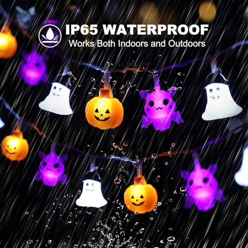 Image of Halloween Lights Decorations, 16.4 FT 30 LED Pumpkin Bat Ghost Spooky Battery Operated Cute Orange and Purple String Lights Cozy Remote Timer 8 Lighting Modes Twinkle Indoor Outdoor Window Porch Decor
