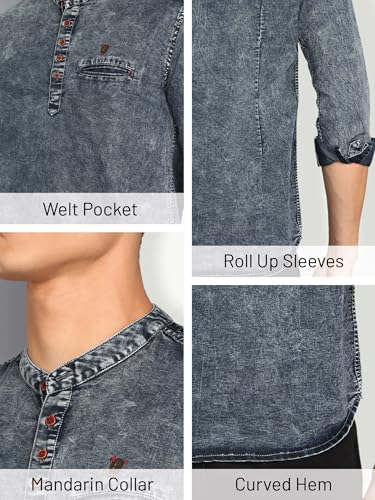 Image of Kuons Avenue Men's Denim Casual Short Kurta | Mandarin Collar | Full Sleeves | Tailored Fit- Stylish Ethnic Wear