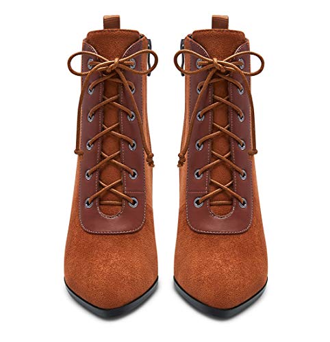 Castamere Womens High Block Heels Ankle Boots Pointed Toe Booties with Laces 7.5CM Heels4
