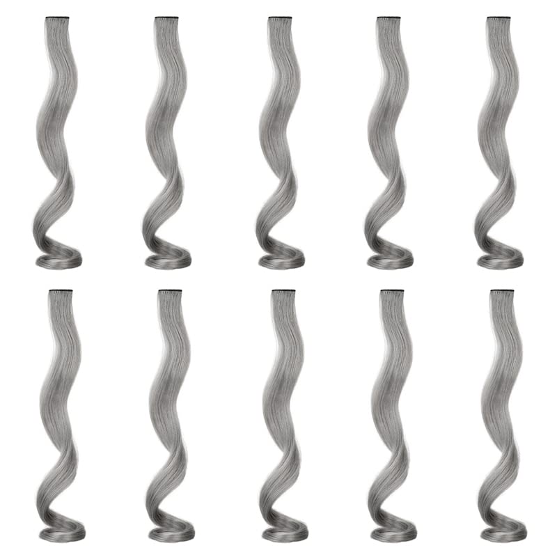 10 extensiones de cabello de colores con reflejos para fiesta, color gris claro, rizado, ondulado, postizo con clip en rayas sintéticas para niños, disponible en Yaxa Peru