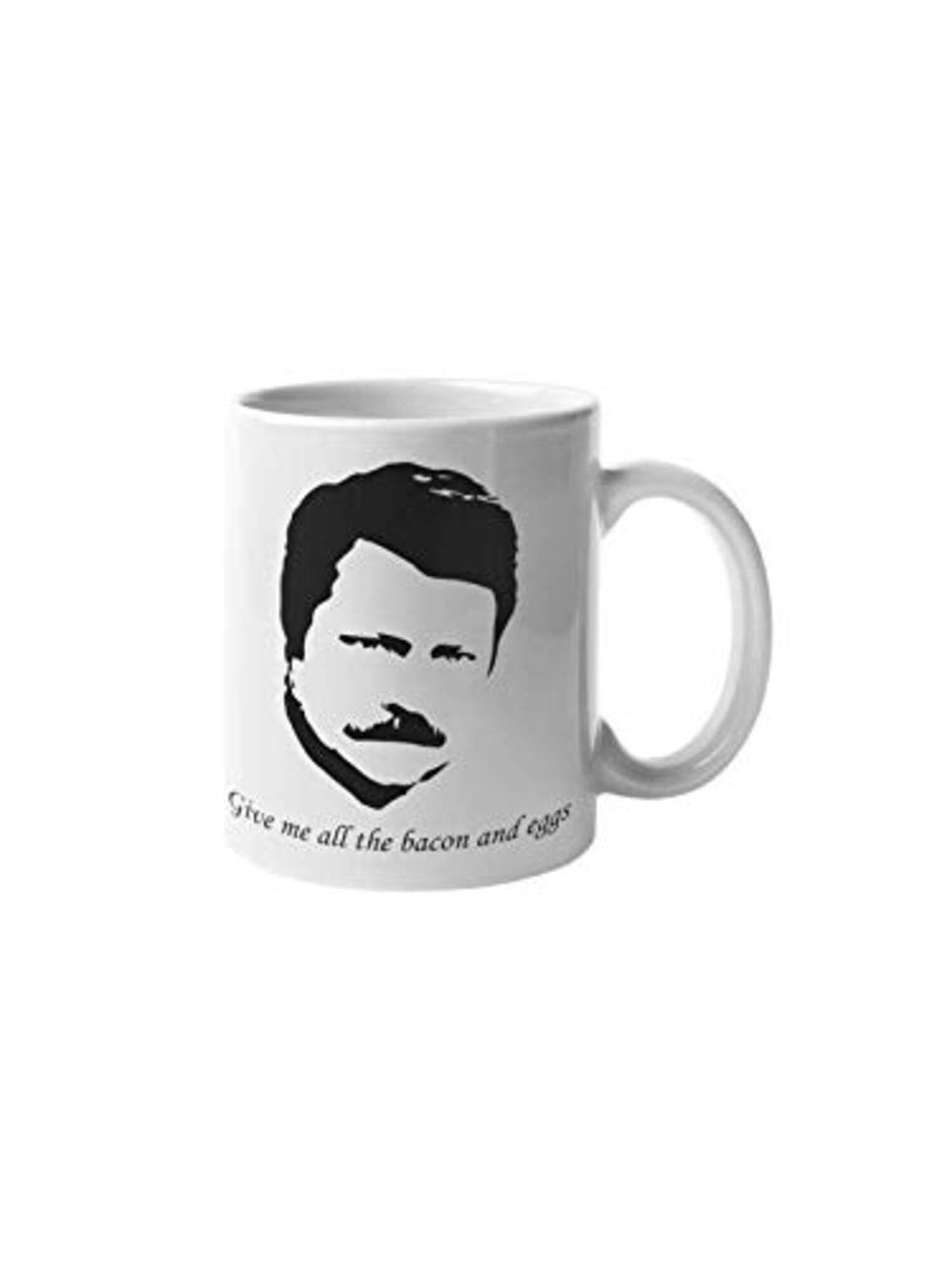 Give Me All The Bacon And Eggs Coffee Mug Ron Swanson Quote Parks and Recreation Funny Motivation Inspiration 11-ounce White Ceramic Novelty Cup CMP00178