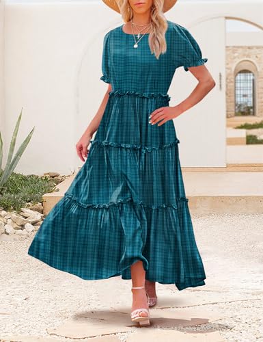 Image of YESNO Summer Casual Bohemian Floral Dresses for Women Puff Short Sleeve Long Maxi Dress with Pockets ETX