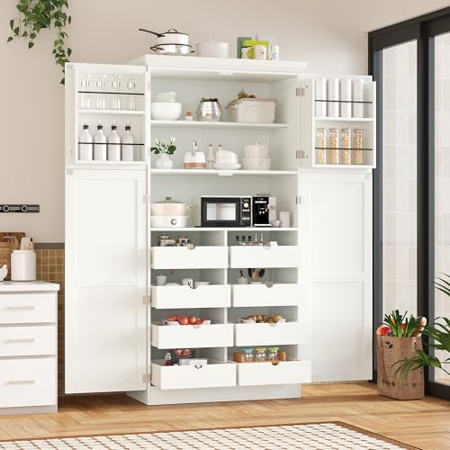 Image of Ball & Cast 71″Tall Kitchen Pantry Cabinet with 8 Pull Out Trays & 4 Doors,Versatile Farmhouse Wood Pantry Storage Cabinet w /2 Doors Shelves and Adjustable Shelves for Kitchen,Dining Room,White
