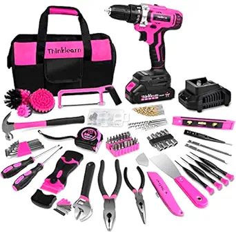 ThinkLearn Tool Kit with 20V Cordless Drill(265in-lbs), Pink Drill Set for Women, Lady's Home Tool Kit for DIY, Daily Repair Tool Set as a Creative Gift with a Large-Capacity Tool Storage Bag