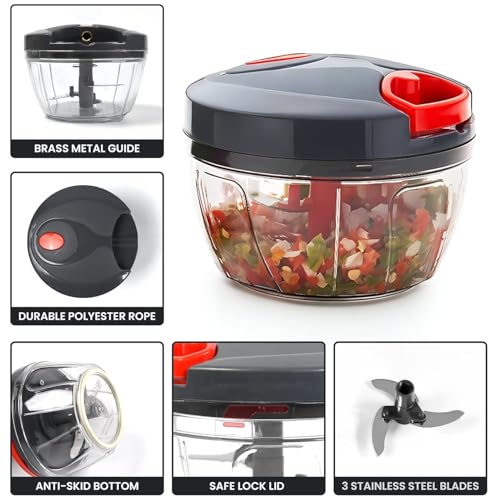 Image of Chopper for Kitchen, Vegetable Cutting, Chopper for Vegetable Use, Hand Chopper, Cutter with 3 Blades for Chopping (Grey 450-ML)