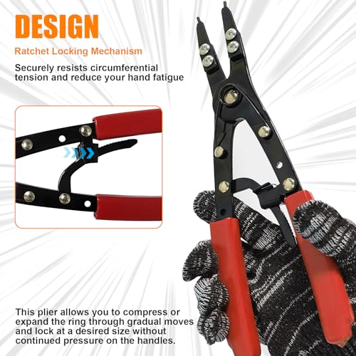 Image of 38700 Spindle Snap Ring Pliers External, 10 inch Large Snap Ring Pliers Heavy Duty Circlip Pliers Car Repair Tools Kit for for Ford SD Uninstall Remove Tools with Ratchet Locking 2026 Upgraded (Red)