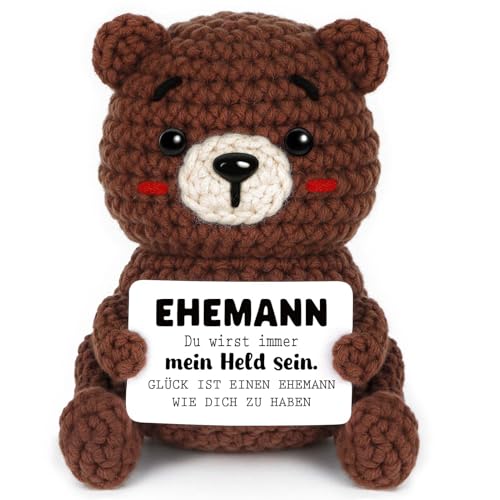 CheriGift Hochzeitstag Geschenke für Männer Handgehäkelter Bär Figuren Geschenk Ehemann zum Geburtstag Vatertag Weihnachten 2.36x1.97x3.74 inches