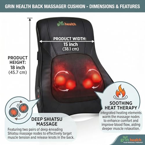 Image of Grin Health Shiatsu Back Massager Cushion For Chair, Massage Pillow with Kneading for Back, Neck, Shoulder, Massage Machine for Home, Massager for Chair -Back Pain Relief (GH237)
