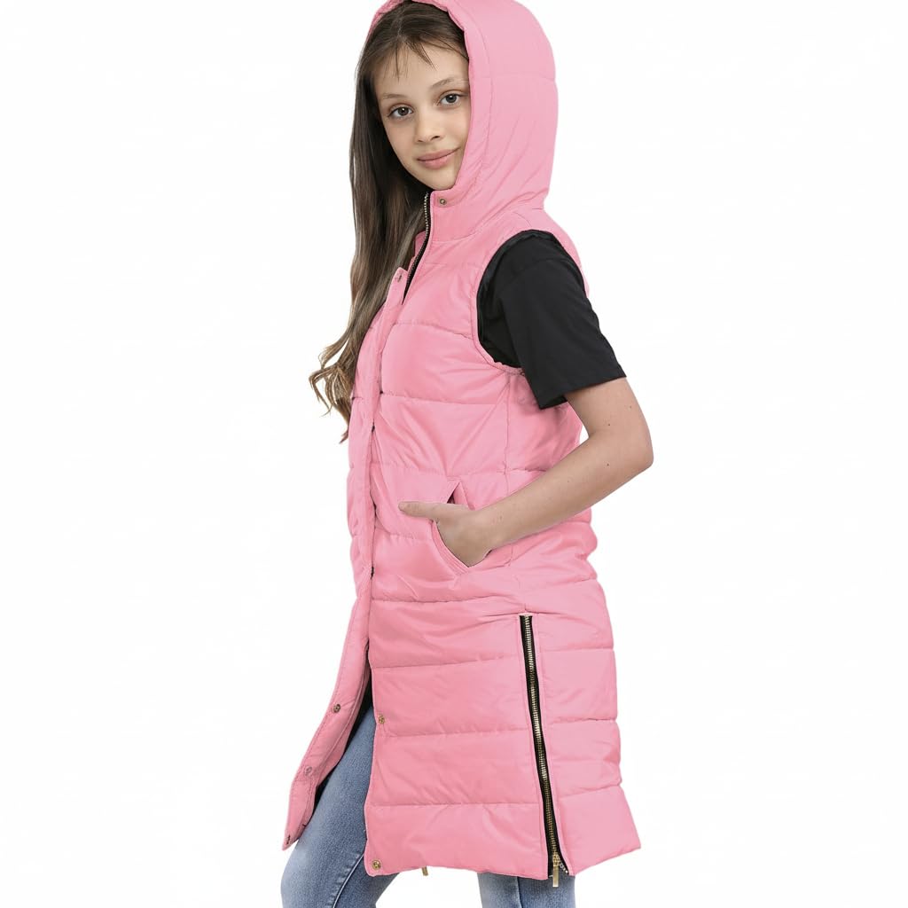 A2Z 4 Kids Dziewczyny Moda Ponadgabarytowe Zakapturzony Pikowana Kamizelka Kolor Watowany Długi Linia Kamizelka Kurtka Długi Bez Rękawów Płaszcz Miejskie Zima Zużycie Płaszcz 7-13 Lata