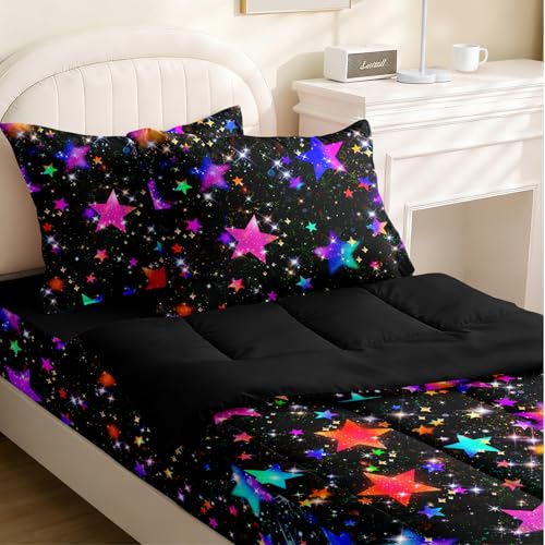 Image of Kids Comforter Set,Zipper Bedding Twin for Teen,Stars Printed Comforter Set with Fitted Sheets and Pillowcases for All Season(Stars Twin)