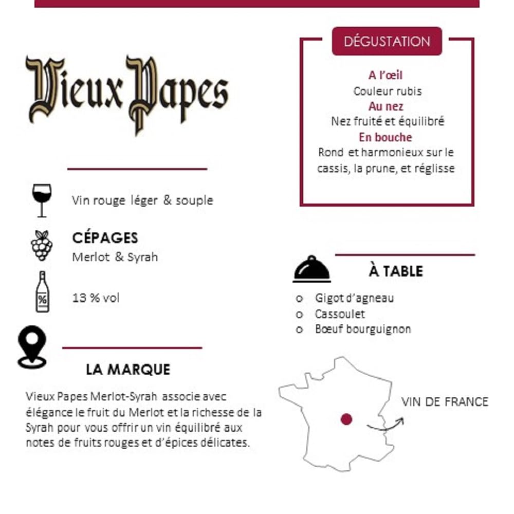 VIEUX PAPES - Vin Rouge - Vin de France - Cépages Merlot Syrah - Lot de 6 bouteilles x 75 cl