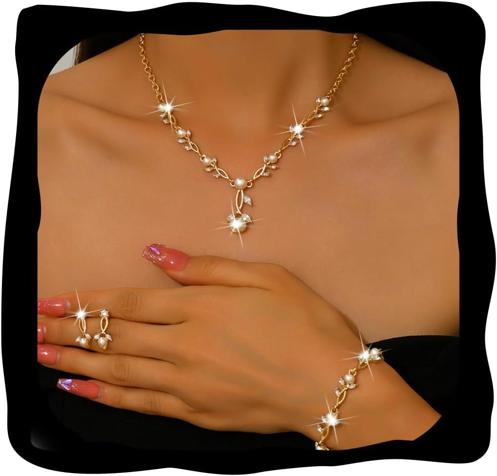 Unicra Pearl Jewelry Set Gold Prom Formal Necklace Earrings Bracelet Sets Rhinestone Bridal Wedding Jewelry Sets for Women and Brides