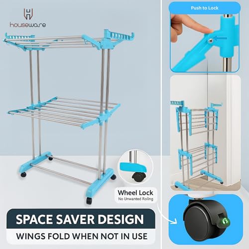 Image of H Houseware Heavy Duty Stainless Steel 2 Tier Cloth Drying Stand with Wheels | Double Pole Clothes Dryer & Laundry Rack | 43.18D x 73.66W x 115.82H cm | Rustproof & Portable (Blue)