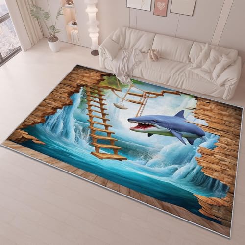 Tapis chambre salon décor motif cascade requin 3D immersif - 2