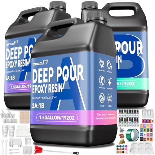 4.5 Gallon Deep Pour Epoxy Resin Kit 2-4 Inch 2:1 Clear Deep Pour Epoxy Resin Kit with 16 Pigments and 20 Mica Powders - Bubble Free Crystal Clear for River Table Art Crafts Flowers Wood DIY