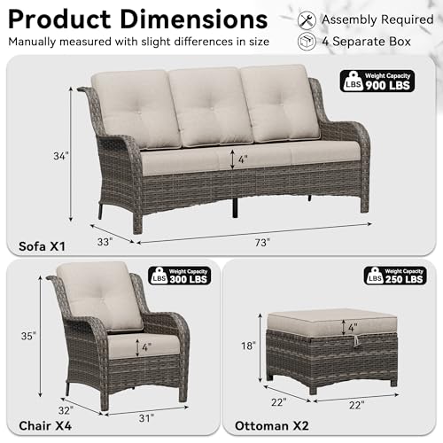 Image of 7 Piece Outdoor Wicker Patio Furniture Set, Patio Chairs Set with Thickened Olefin Cushions, High Back and Deep Seating, Hand-Woven PE Rattan, Ottoman for Porch, Deck