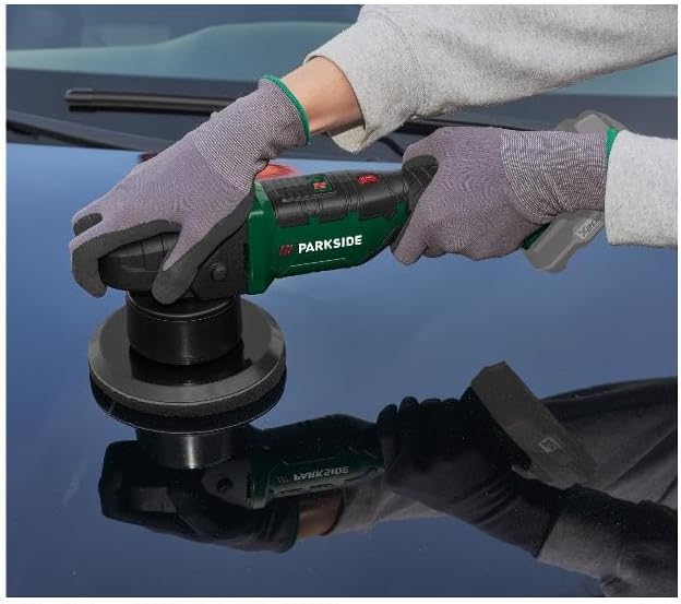 Person using Parkside PPMA 20-Li C3 Cordless Polisher on a car hood