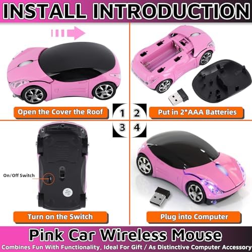 HuGuWdy Pink Wireless Car Mouse - 2.4G Wireless with USB Receiver, Optical Mouse for PC, Laptop, Tablet - Win XP/Vista/7/ME/2000/Mac OS Pink Mouse for Her for Christmas - 3