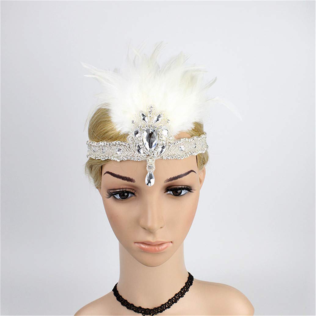 Art Deco 1920s Flapper Feather Headpiece Roaring 20s Great Gatsby Headband for Women 77White