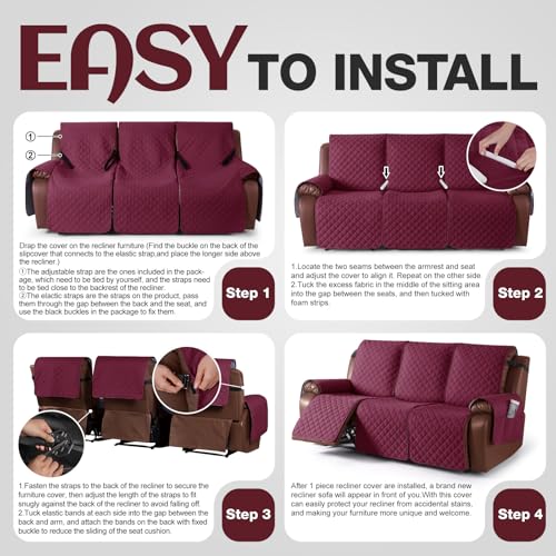 Image of KinCam Recliner Sofa Covers for 3 Seat, 100% Waterproof Reclining Couch Covers, Non-Slip Recliner Couch Cover Furniture Protector with Elastic Straps for Pets, Kids, Burgundy