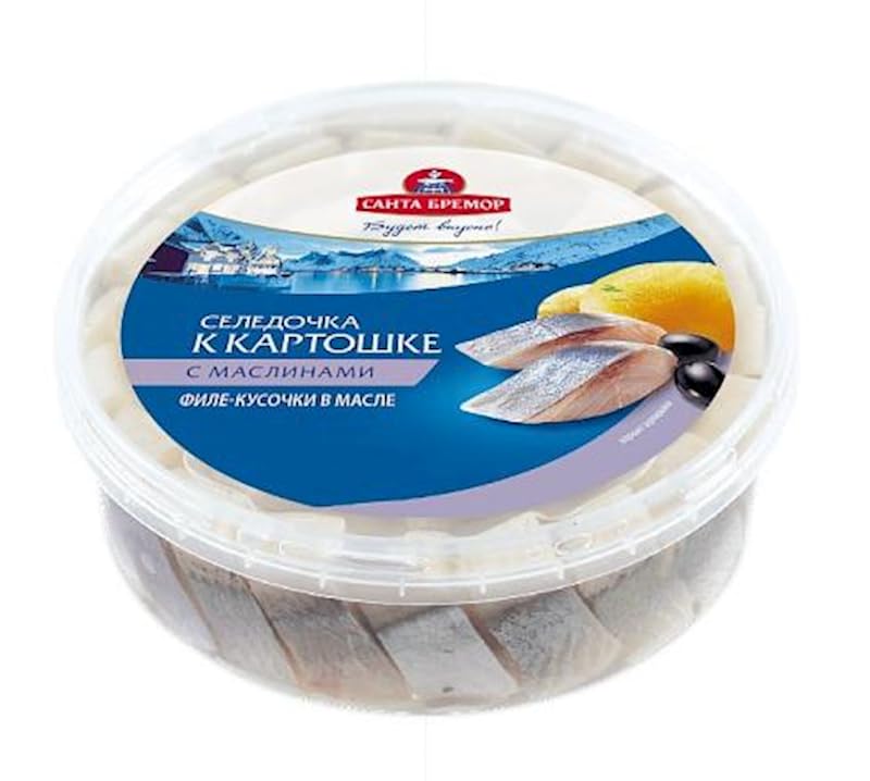 Santa Bremor Herring In Oil With Black Olives 500G - Delicious Pickled Fish Fillet, Perfectly Cured Herring, A Flavorful Seafood Treat, Brined Herring Fillets With Black Olives