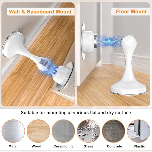Image of Crosize Magnetic Door Stoppers 4 Pack, Stainless Steel Door Stops for Wall and Floor Mounting, Door Holder Keep Door Open, No Drilling Door Stop with Adhesive Tapes, White