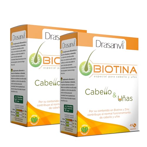 DRASANVI BIOTINA VITAMINA H 400μg | Vitaminas para el Cabello con Hierro y Zinc|Para el Crecimiento y Fortalecimiento del Pelo|Uñas menos frágiles y piel mas suave | 2x45 comprimidos= 90 días