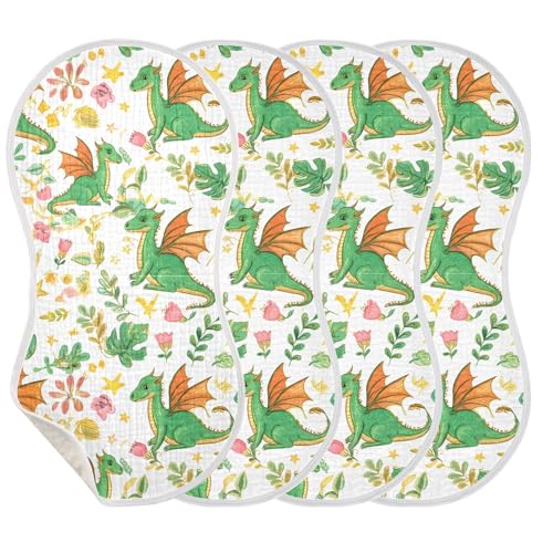 xigua Green Dragons Muslin Baby Burp Cloths Set of 4, Super Soft & Absorbent Burping Rags, Cotton Burp Clothes Shower Gift for Newborn, Baby Girls and Boys3