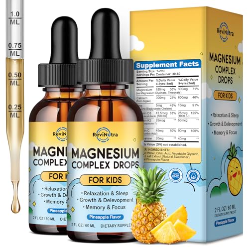 Image of Kids Magnesium Glycinate Liquid Drops, Magnesium for Kids with Calcium, Zinc, L-Theanine, Vitamin D3 K2, C for Sleep, Relaxation, Calm, Focus, Brain,Mood, Bones & Muscles - Pineapple Flavor 2 Pack