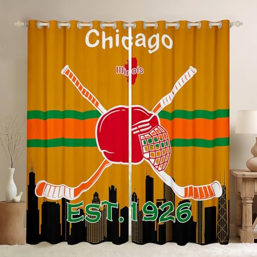 Erosebridal Ice Hockey Window Curtains for Kids,Ice Hockey Team Curtain for Boys 42x63 inch,Hockey Window Treatments,Winter Sports Shades Drapes 2 Panels for Living Room,Yellow Red Blue(Chicago)