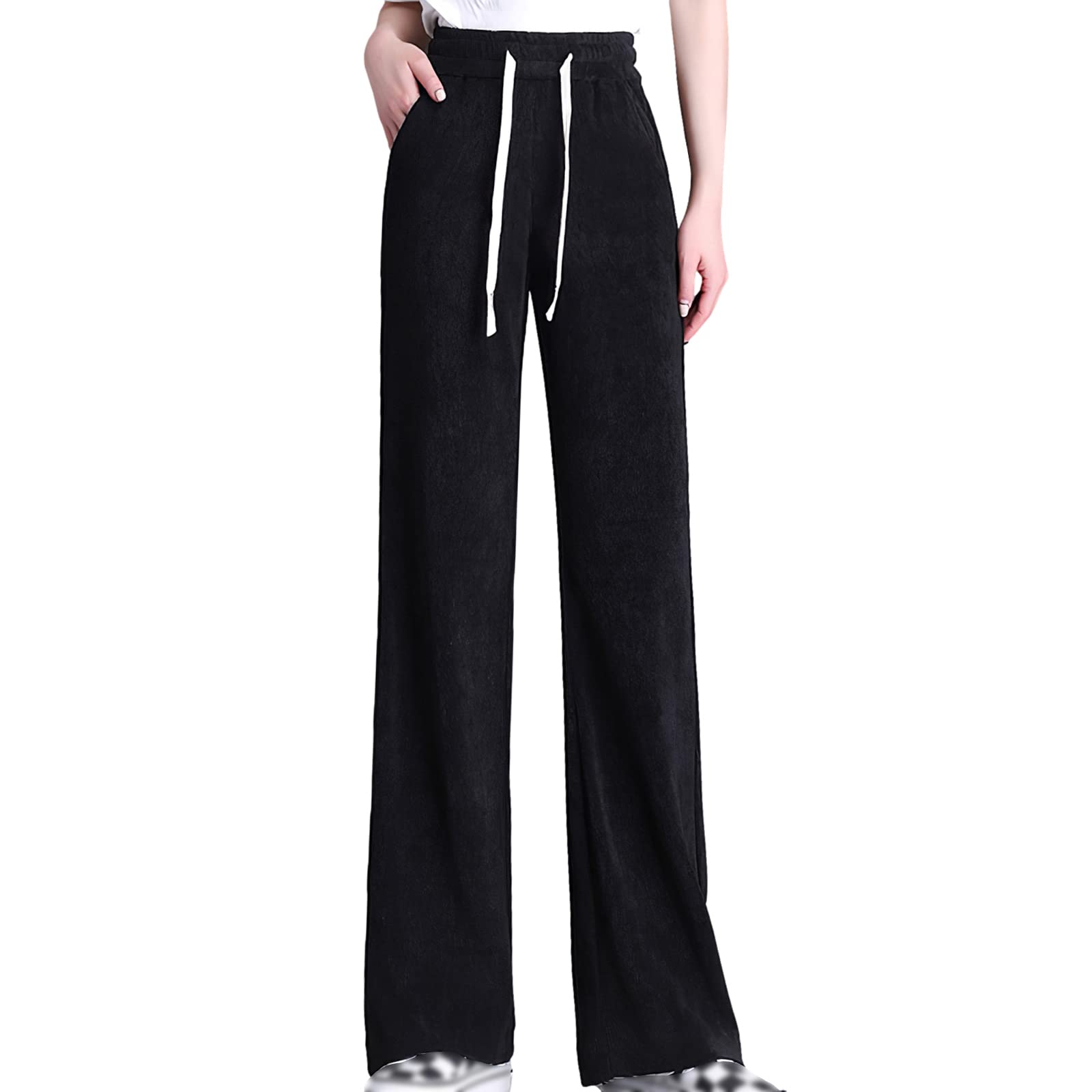 Womens High Waist Pants with Pockets Casual Stretchy Wide Leg Workout Trousers