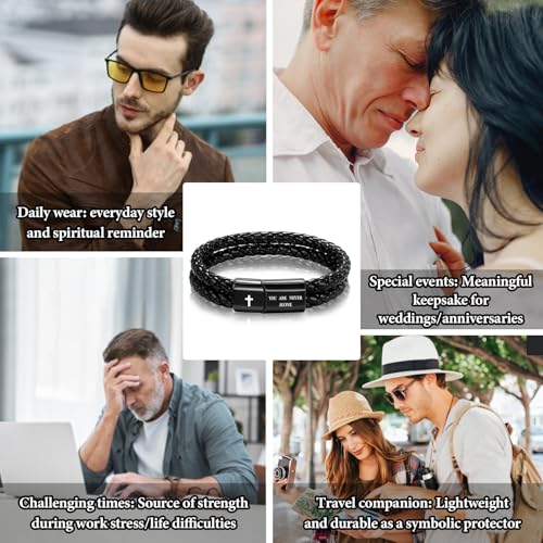 Men's Leather Bracelet with Cross Bible Verse, Double Layer Black Leather Bracelet for Men, Christian Religious Inspirational Gift for Him Men Dad Husband Boyfriend Grandson Son3