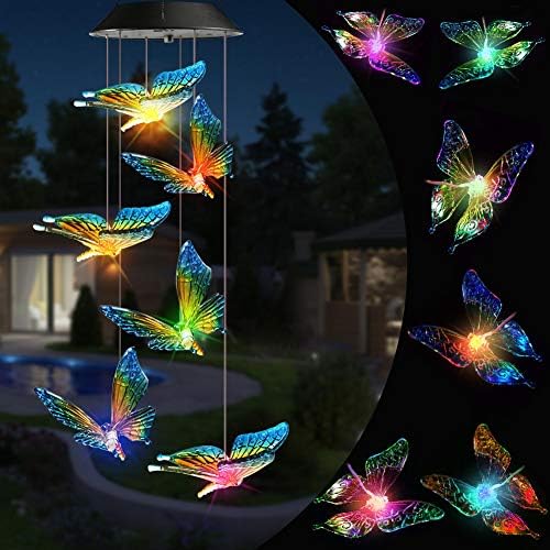 Qedertek Windspiele für Draußen, LED Schmetterling Solar Farbwechsel, Solarbetriebene Gartenlampe Hängeleuchte für Garten Baum Terrasse Deck Hof Rasen Hinterhöfe Balkon Muttertagsg