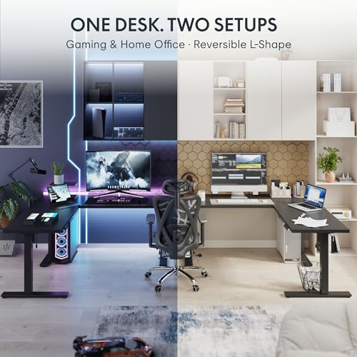 Image of FLEXISPOT L Shaped Standing Desk, 71 x 63 Inch Electric Height Adjustable Corner Desk, Sit Stand Computer Workstation, Preset Controller, Home Office, Black Frame with Black Top