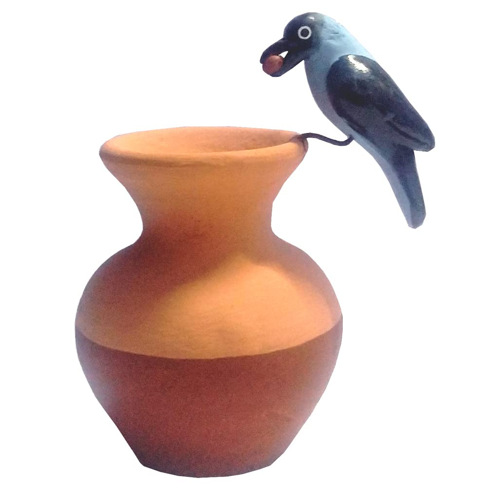Thirsty Crow on Pot for Home Decoration Handicraft (4 inch, 10 cm) | Clever Crow Home Décor Item for Livingroom, Office | Miniature Clay Crow on Pot Home Décor Handicrafts | Spicy Crafts, Multicolor