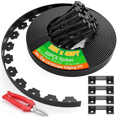 Graxury 2" Tall 40ft No Dig Landscape Edging Border with 60PCS 8" Plastic Spikes & 4 PCS Connectors - Garden Lawn Edging Kit with a Shears for Landscaping, Lawn, Flower Beds and Yard