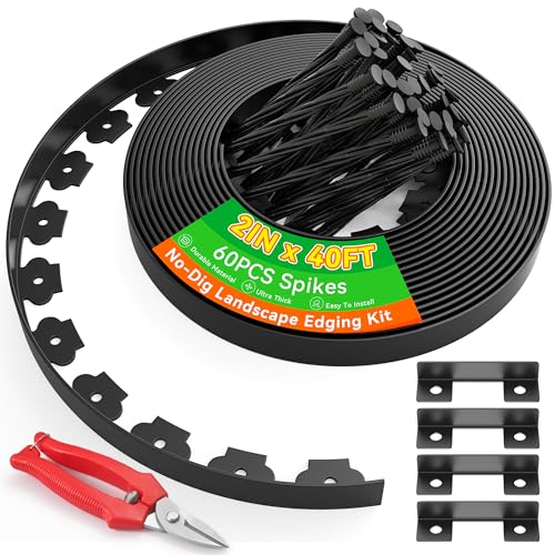 Graxury 2 Tall 40ft No Dig Landscape Edging Border with 60PCS 8 Plastic Spikes & 4 PCS Connectors - Garden Lawn Edging Kit with a Shears for Landscaping, Lawn, Flower Beds and Yard