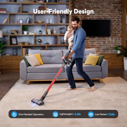 Image of Comvtu Cordless Vacuum Cleaner for Home, 80,000PRM Powerful 4 in 1 Lightweight Stick Vacuum with 2 Adjustable Suctions, Max 40 Mins Runtime, 2600mAh Rechargeable Vacuum Cleaners (Vermilion)