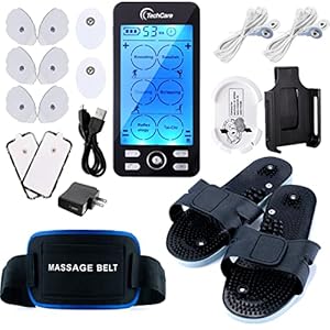 TechCare Plus 24 Modes Tens Unit Massager Rechargeable Unit Electric Complete Set + Massage Belt + Reflexology Shoes Back Neck Pain