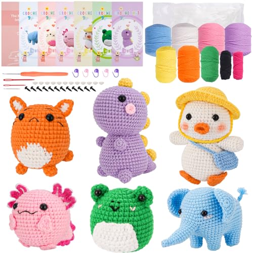 Image of Gerute 6Pcs Crochet Kit for Beginners,Crochet Animal Kit with Step-by-Step Video Tutorial, Crocheting Kit for Starters, Beginner Crochet Kits for Adult Kid Women Men Complete Kit Included (40%+ Yarn