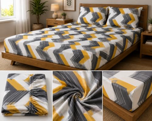 Image of Fitted Bedsheet Yellow Grey & White Geometric Print Glace Cotton 210 TC|Full Single Size for Single Bed Fits 4 x 6.25 ft Mattress (48 x 75 Inch)|All Around Elastic |2 Pillow Covers |7 Inch Deep Pocket