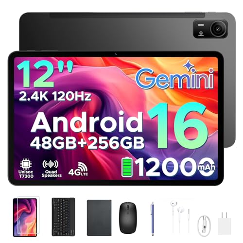 Image of P12 Pro 12 Inch Tablet, 2.4K 120Hz Android 16 Tablet with Gemini AI, 48GB+256GB /2TB, 12000mAh, Unisoc T7300 Octa-Core, 13MP+8MP, WiFi 5, Face ID, 4G LTE, Tablet with Keyboard, Pen, Case-Black