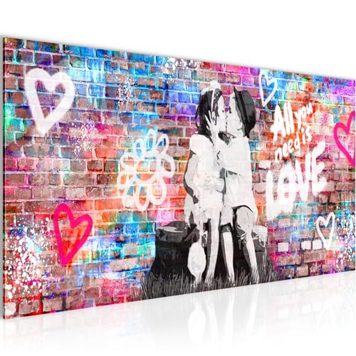 Runa Art Wandbild Banksy-Style the First Kiss 100 x 40 cm Modern Bild auf...