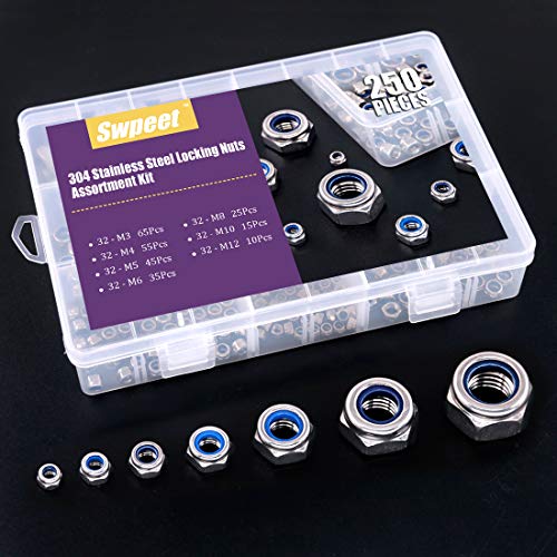 Swpeet S541 250Pcs 304 Stainless Steel Metric Lock Nut Assortment Kit Perfect For Lock Washers, Nylon Insert Locknut M3 M4 M5 M6 M8 M10 M12 thumb #6