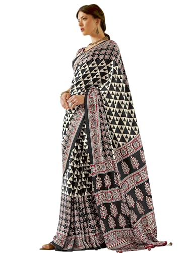 Image of SAREE MALL Women's Ajrkh Print Satin Crepe Polka Dot Printed Saree With Unstitched Blouse Piece